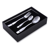 Three-piece Stainlessss steel cutlery set placed neatly in black presentation box with a fitted insert.