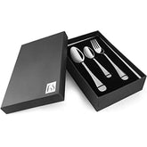 Stylish Stainlessss steel cutlery set with hammered handles presented in a sleek black gift box.