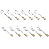 Twelve-piece cutlery set with six spoons and six forks featuring gold textured handle accents