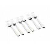 A set of five stainless steel dinner forks with a rhombo pattern on the handles, arranged diagonally on a white background.