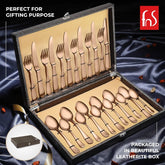 Luxurious rose gold cutlery set arranged in elegant leatherite box, ideal for festive or wedding gifting.