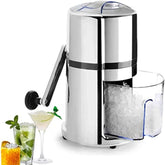 Manual ice crusher machine with chrome finish, transparent collection bin, and assorted cocktails including mojito and martini