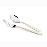 Stainlessss steel fork and spoon with cream patterned handles displayed on a clean white background.
