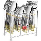 24-piece Stainlessss steel cutlery with gold detailing arranged neatly in Montalvo stand.