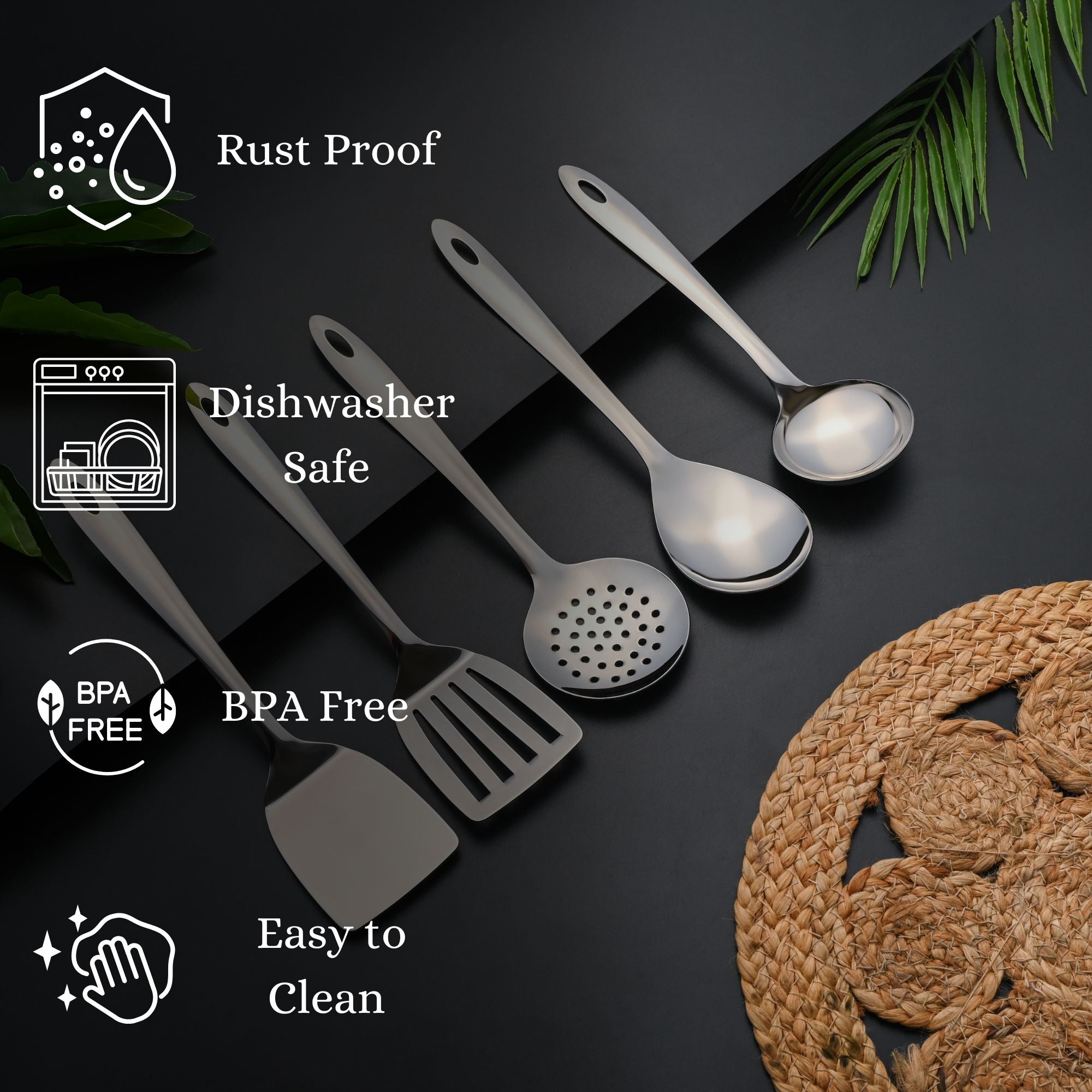 Montavo cooking utensils kit featuring slotted turner, skimmer, and gravy ladle for kitchen cooking needs.