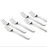 Six polished stainless steel dinner forks arranged diagonally on white background