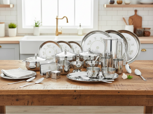 Complete stainless steel dinnerware set displayed on wooden kitchen table including dinner plates, serving dishes, bowls, pitcher, cups, and flatware in modern farmhouse kitchen