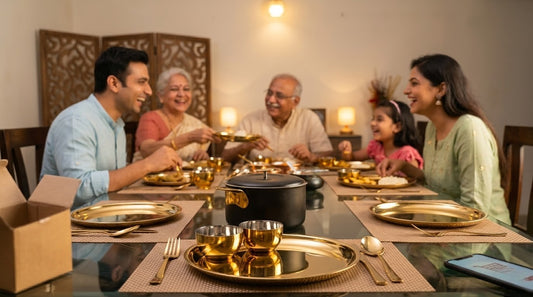 Indian family dining together with gold dinner set on table
