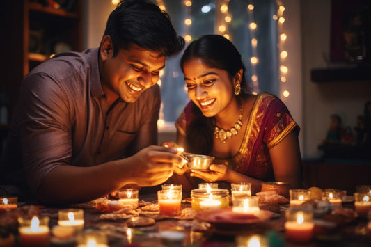 Smiling couple lighting a traditional diya during Diwali celebrations, surrounded by candles and festive decorations.