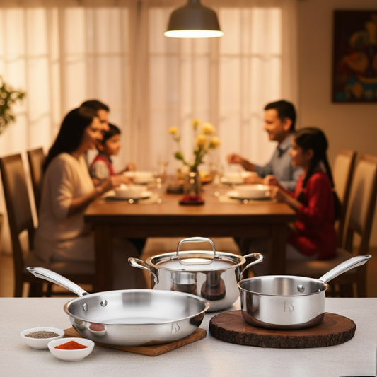 Indian family dining with stainless steel cookware set (saucepans, frying pan) and spices in foreground.