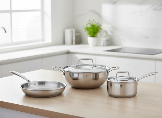 Three-piece stainless steel cookware set with glass lids on kitchen counter, featuring frying pan, saucepan, and wok, displayed in bright modern kitchen.