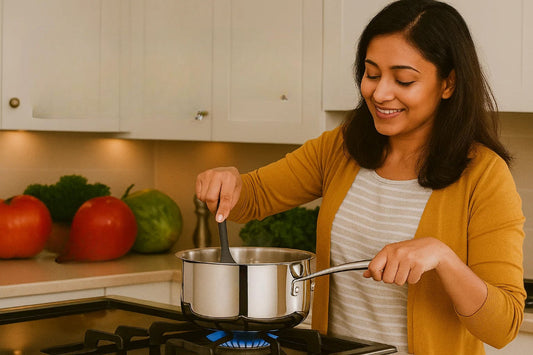 Woman cooking in a modern kitchen using a stainless steel saucepan on a gas stove, surrounded by fresh vegetables.