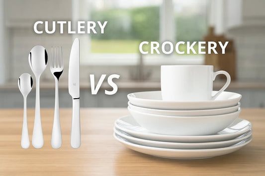 Image showing cutlery and crockery comparison: silver spoon, fork, and knife labeled “CUTLERY” beside stacked white plates and a cup labeled “CROCKERY.”