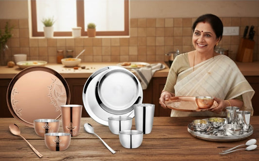 Woman in saree holding a decorative copper-finish stainless steel dinner thali set with bowls, glasses, and spoons displayed on a wooden surface