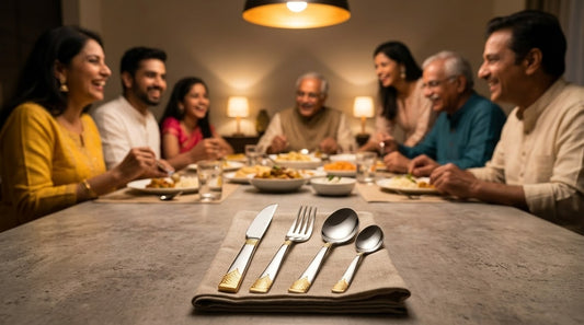 A warm Indian family gathers around a dining table for a meal, with a close-up of elegant stainless steel cutlery—forks, spoons, and knives—arranged on a cloth napkin in the foreground.