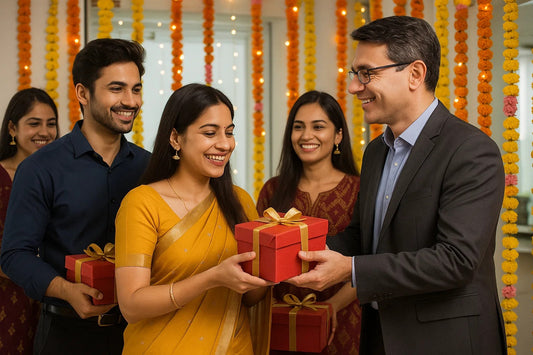 Office colleagues celebrating Diwali with gift exchanges, smiling and dressed in festive attire, with marigold garlands and lights creating a joyful atmosphere.