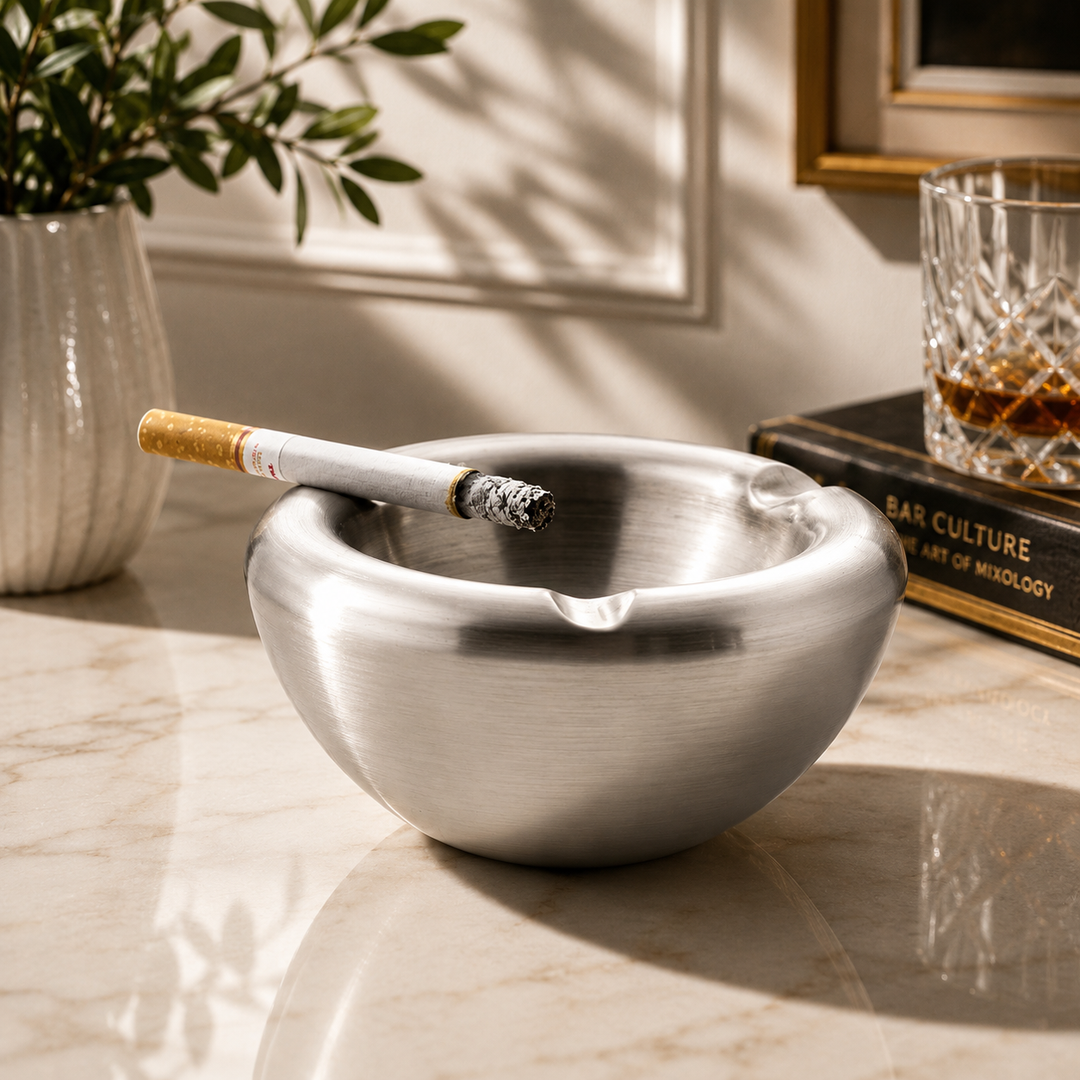 FnS Oxford stainless steel ash tray with smooth rounded edges, shown on a marble bar counter with cigarette and drink.