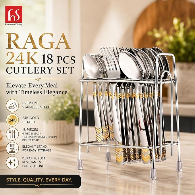 FnS Raga 18-Pc 24K gold plated stainless steel cutlery set with stand, premium finish and durable rust-resistant design.