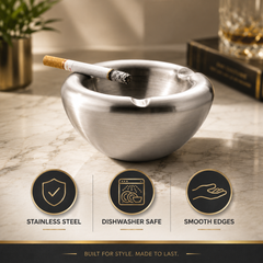 FnS Oxford stainless steel ash tray featuring dishwasher safe design and smooth edges, shown on a premium marble counter.