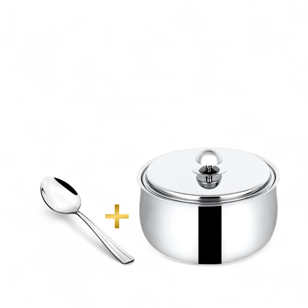 FNS Ebro White Finish Stainless Steel Casserole 1500 ml with Lid  and Venice 1 Pcs Serving Spoon Combo for Home Dining and Kitchen