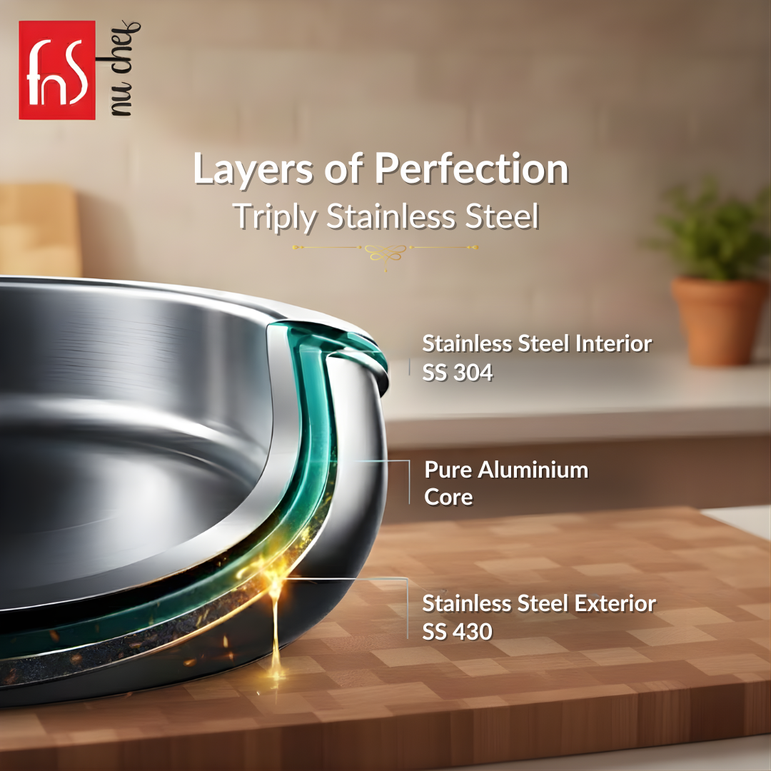 FnS NuChef Cookware Triply Tope 14 CM | Even Heat Distribution, Durable & Rust-Free Cookware
