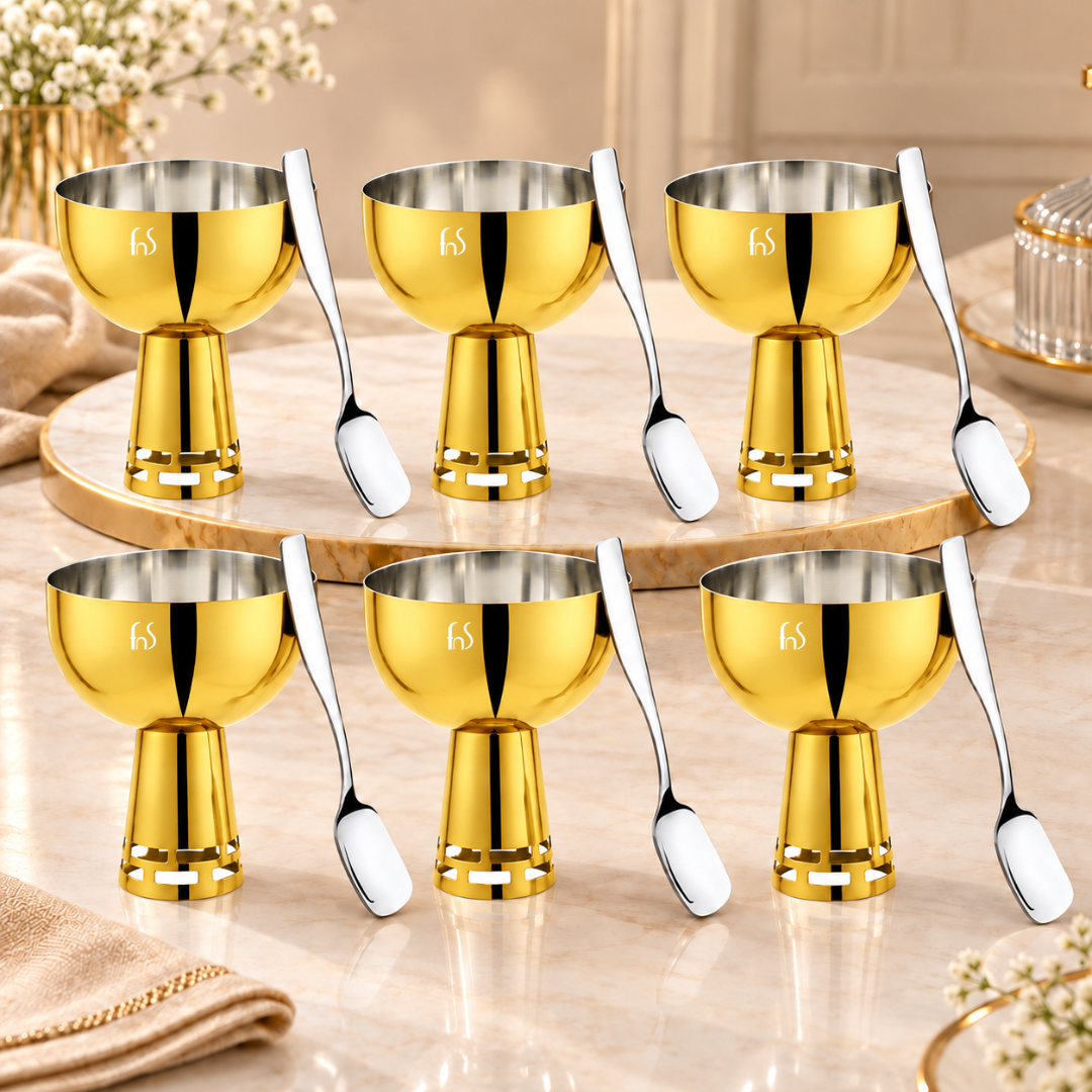 FnS Basil Gold Ice Cream Bowl & Spoon Set of 6