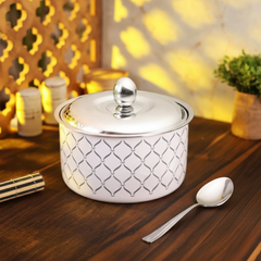 FNS Lecce White Finish Stainless Steel Casserole 1600 ml with Lid  and Venice 1 Pcs Serving Spoon Combo for Home Dining and Kitchen