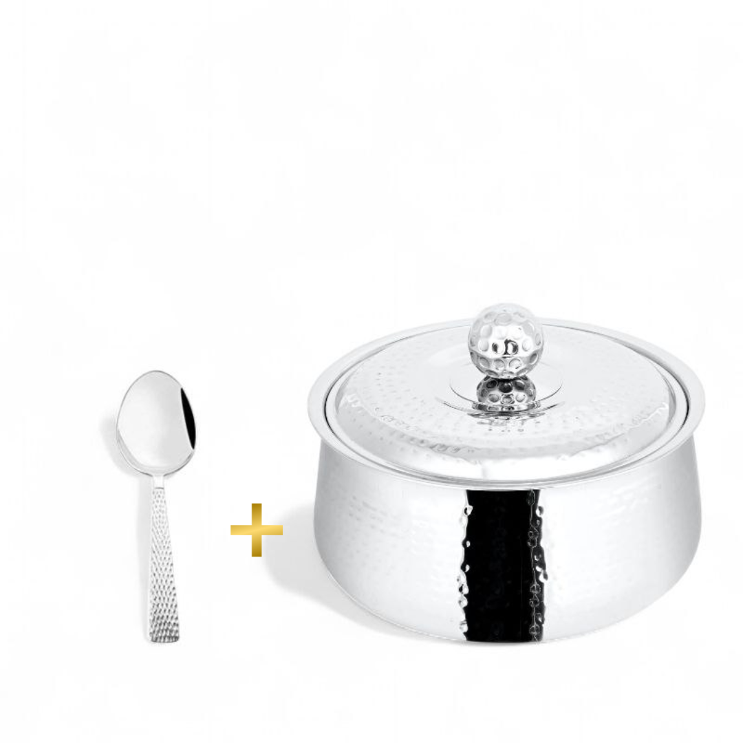 FNS Genoa Stainless Steel Casserole 850 ml with Lid  and Madrid 1 Pcs Serving Spoon Combo for Home Dining and Kitchen