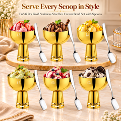 FnS Basil Gold Ice Cream Bowl & Spoon Set of 6