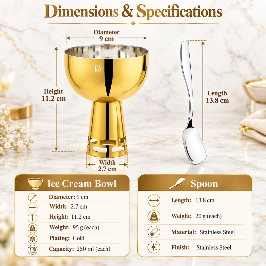 FnS Basil Gold Ice Cream Bowl & Spoon Set of 6