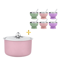 FNS Alwin Pink Finish Stainless Steel Casserole 850 ml with Lid  and Mellora Multi Color dessert bowl Set of 6 with Spoon Combo for Home Dining and Kitchen