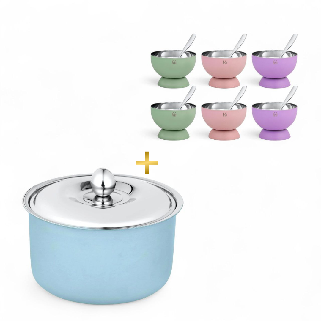 FNS Alwin Sky Blue Stainless Steel Casserole 850 ml with Lid  and Mellora Multi Color dessert bowl Set of 6 with Spoon Combo for Home Dining and Kitchen