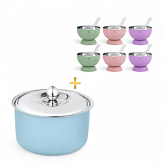 FNS Alwin Sky Blue Stainless Steel Casserole 850 ml with Lid  and Mellora Multi Color dessert bowl Set of 6 with Spoon Combo for Home Dining and Kitchen