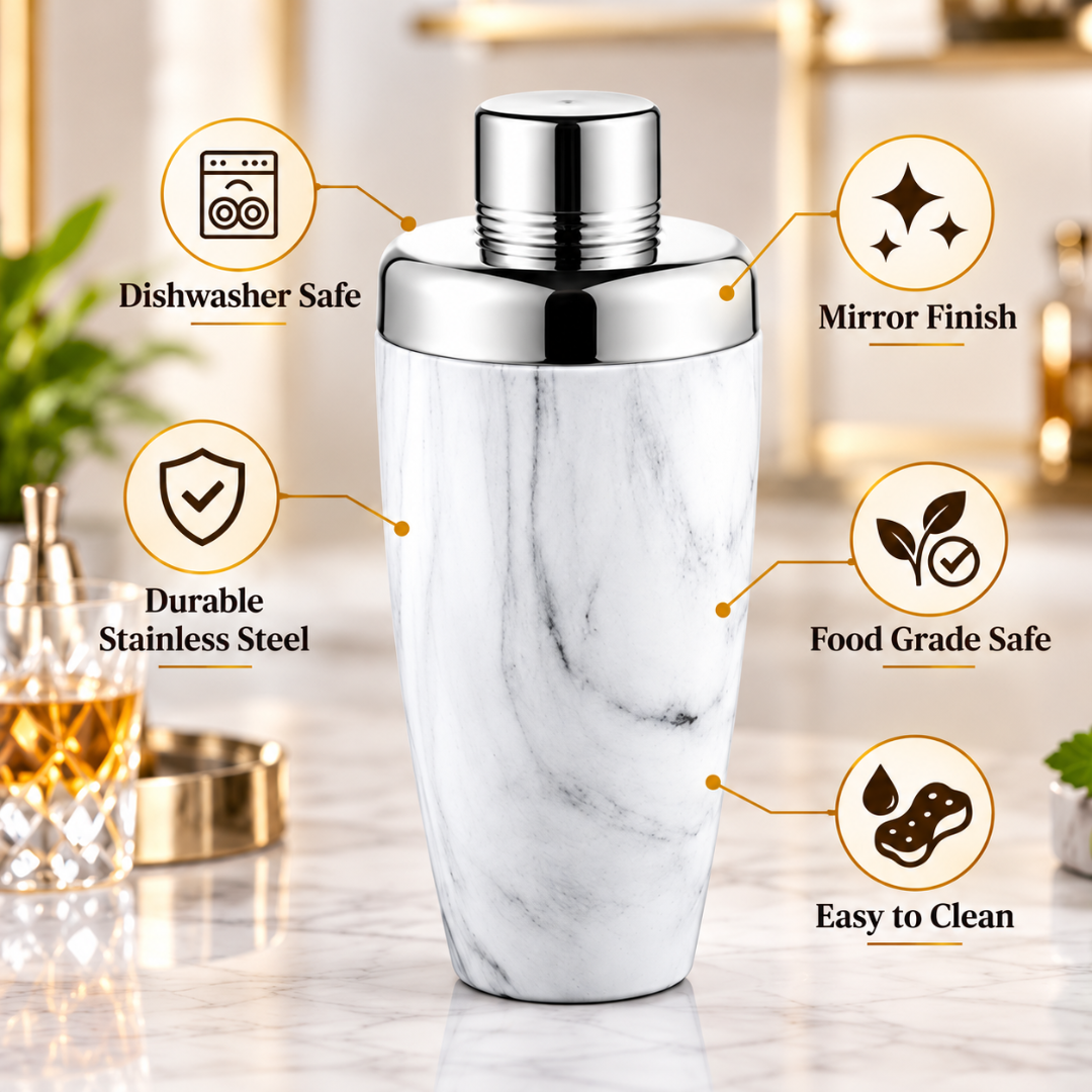 FnS White Marbel Finish Stainless Steel Cocktail Shaker 650 ml