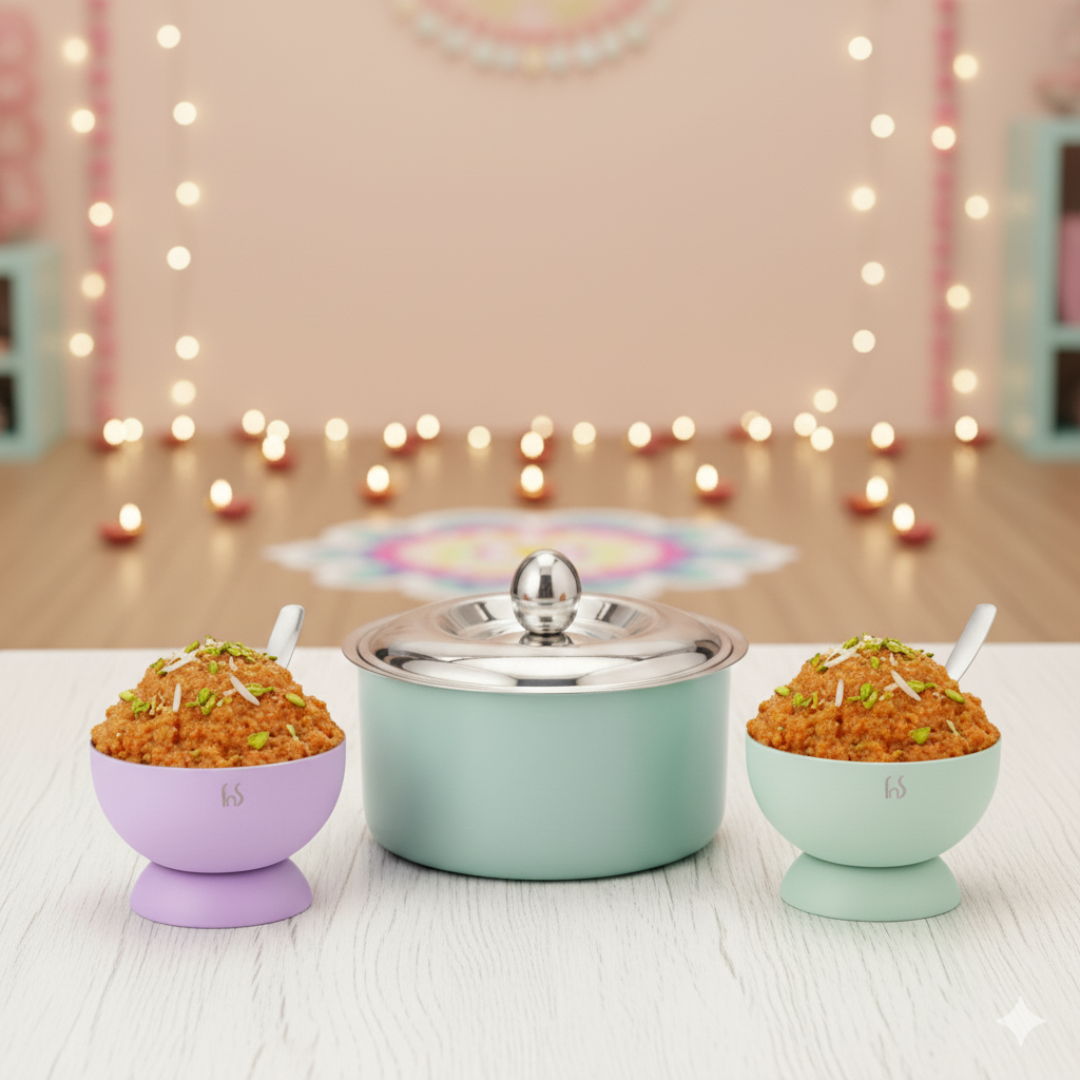 FNS Alwin Olive Green Stainless Steel Casserole 850 ml with Lid  and Mellora Multi Color dessert bowl Set of 6 with Spoon Combo for Home Dining and Kitchen