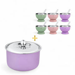 FNS Alwin Purple Finish Stainless Steel Casserole 850 ml with Lid  and Mellora Multi Color dessert bowl Set of 6 with Spoon Combo for Home Dining and Kitchen c
