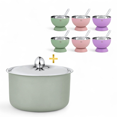 FNS Alwin Olive Green Stainless Steel Casserole 850 ml with Lid  and Mellora Multi Color dessert bowl Set of 6 with Spoon Combo for Home Dining and Kitchen