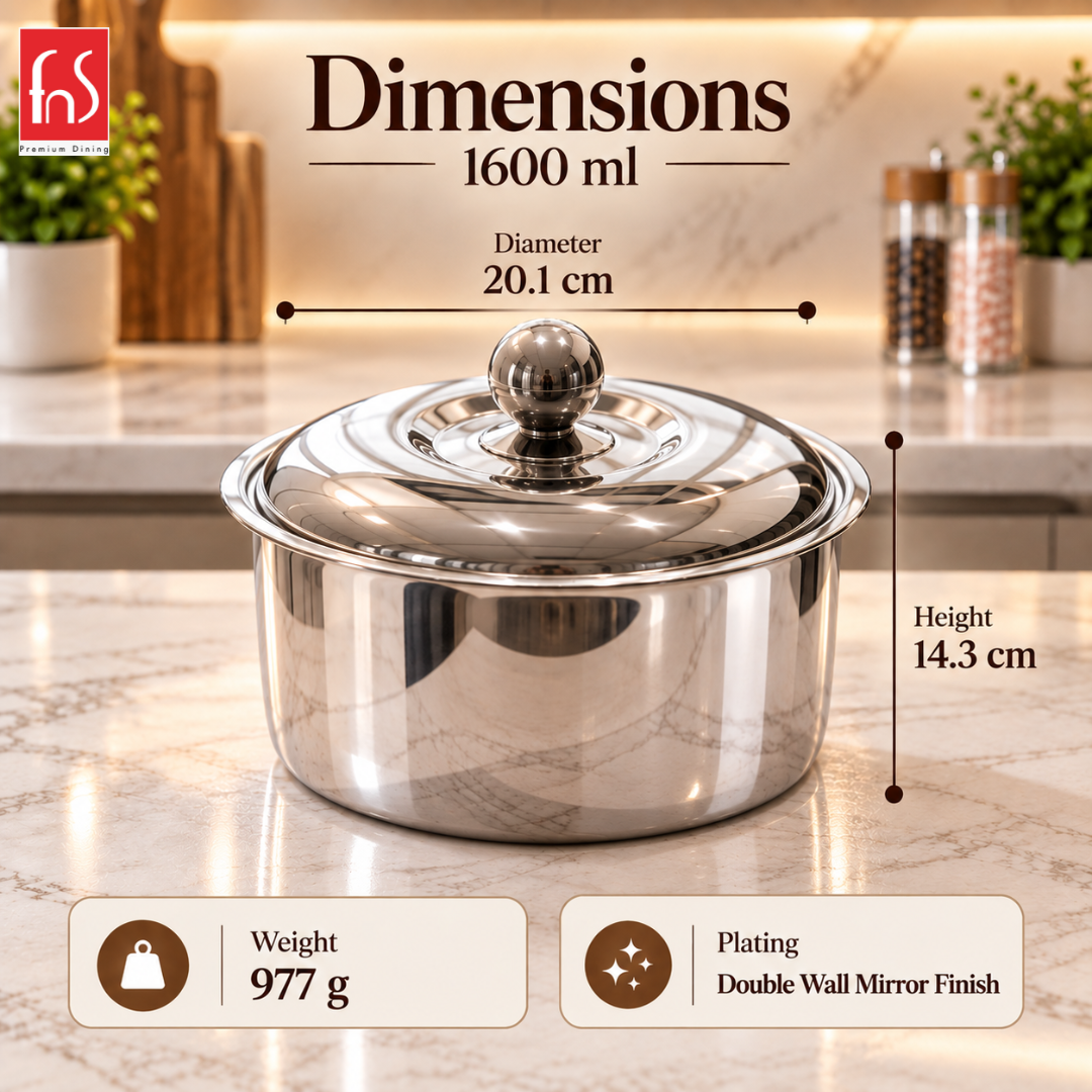 FnS Crista Double Walled Mirror Finish Stainless Steel Casserole 1600ml