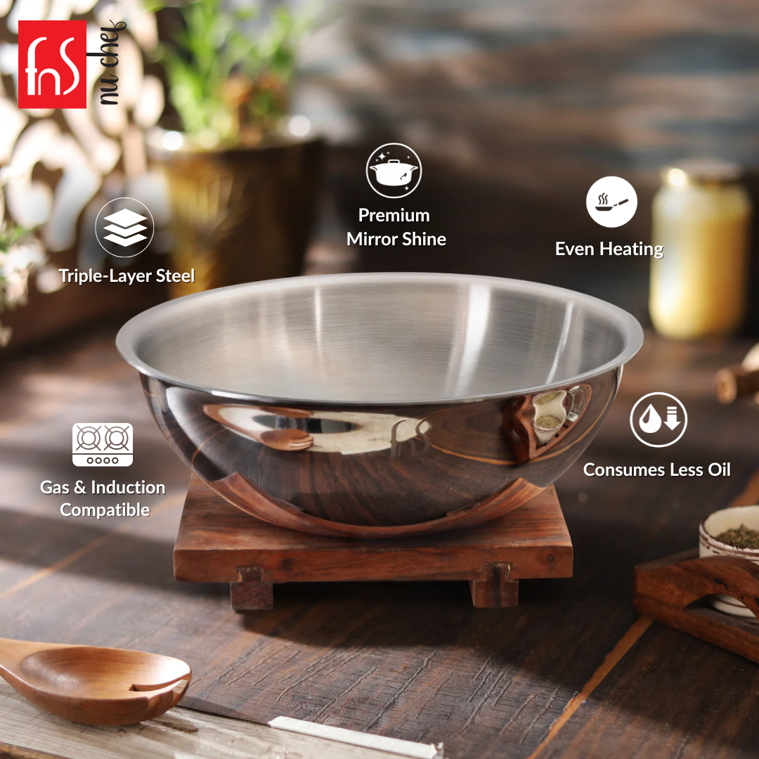 FnS NuChef Cookware Triply Tasla 28 CM | Even Heat Distribution, Durable & Rust-Free Cookware