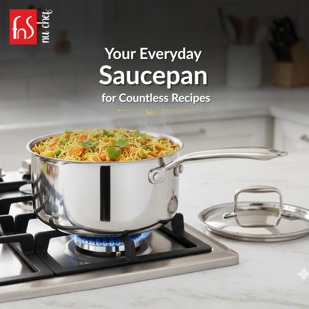 FnS NuChef Cookware Triply Sauce Pan 14 CM With Stay-Cool Handles | Even Heat Distribution, Durable & Rust-Free Cookware