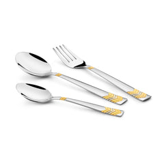 Three stainless steel utensils with bold chevron gold-silver handle design displayed on white background.