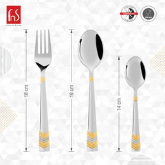 Silver cutlery set with chevron accents and size details, showing fns logo and food-safe label.