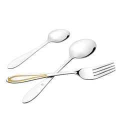 Three-piece silver cutlery set featuring one gold-accented handle, displayed on a plain white background.