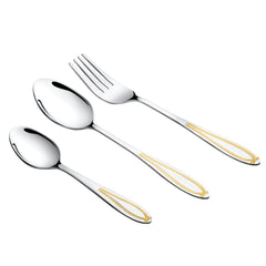 Three-piece cutlery set with gold-accented handles displayed diagonally on a clean white background.