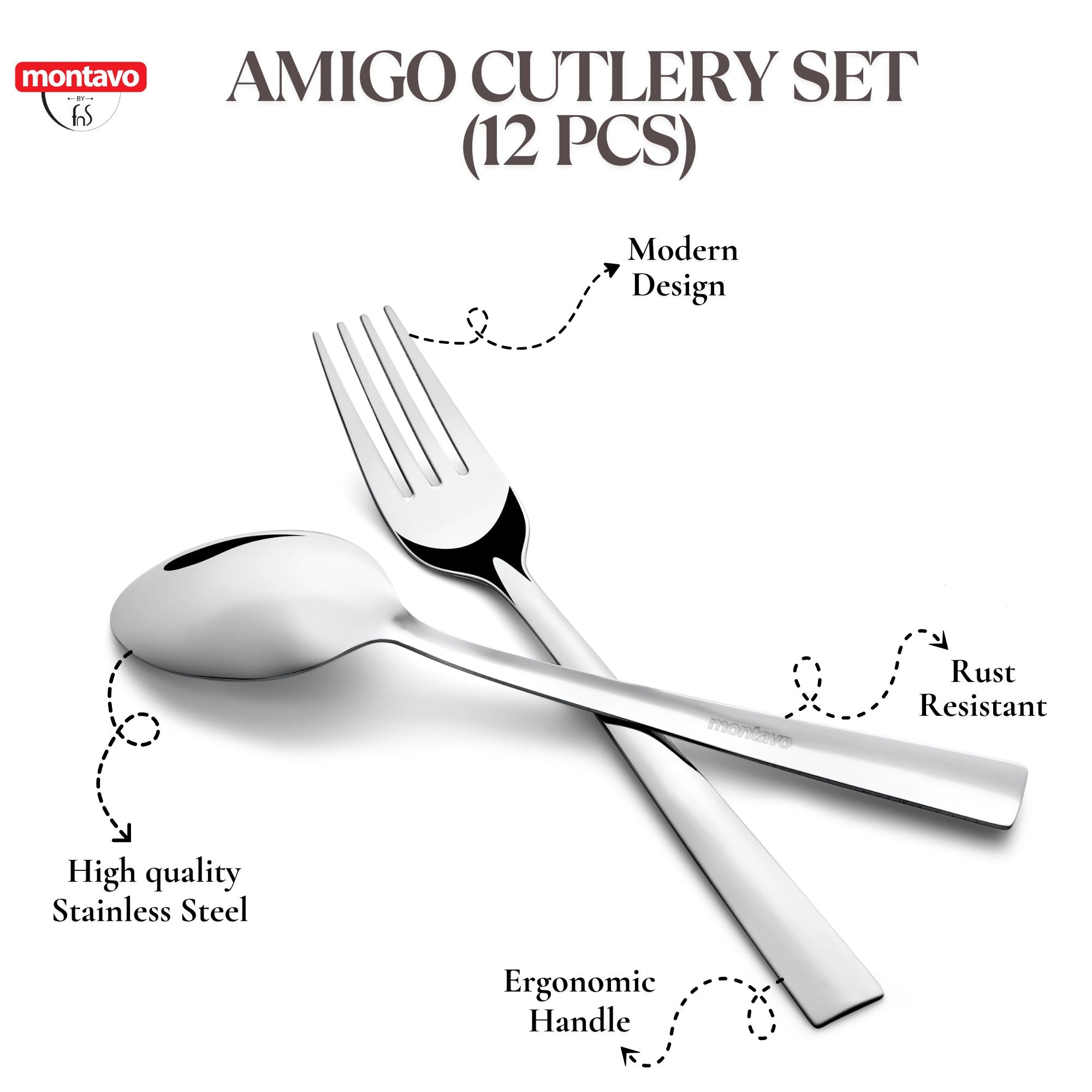 Montavo by FnS Amigo Stainless Steel 12 pcs Cutlery Set with Stand
