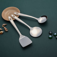 Montavo by FnS Trinity Stainless Steel Serving Tools Set of 3, 1 Gravy Ladle (chamcha), 1 Solid Turner, 1 Skimmer Turner