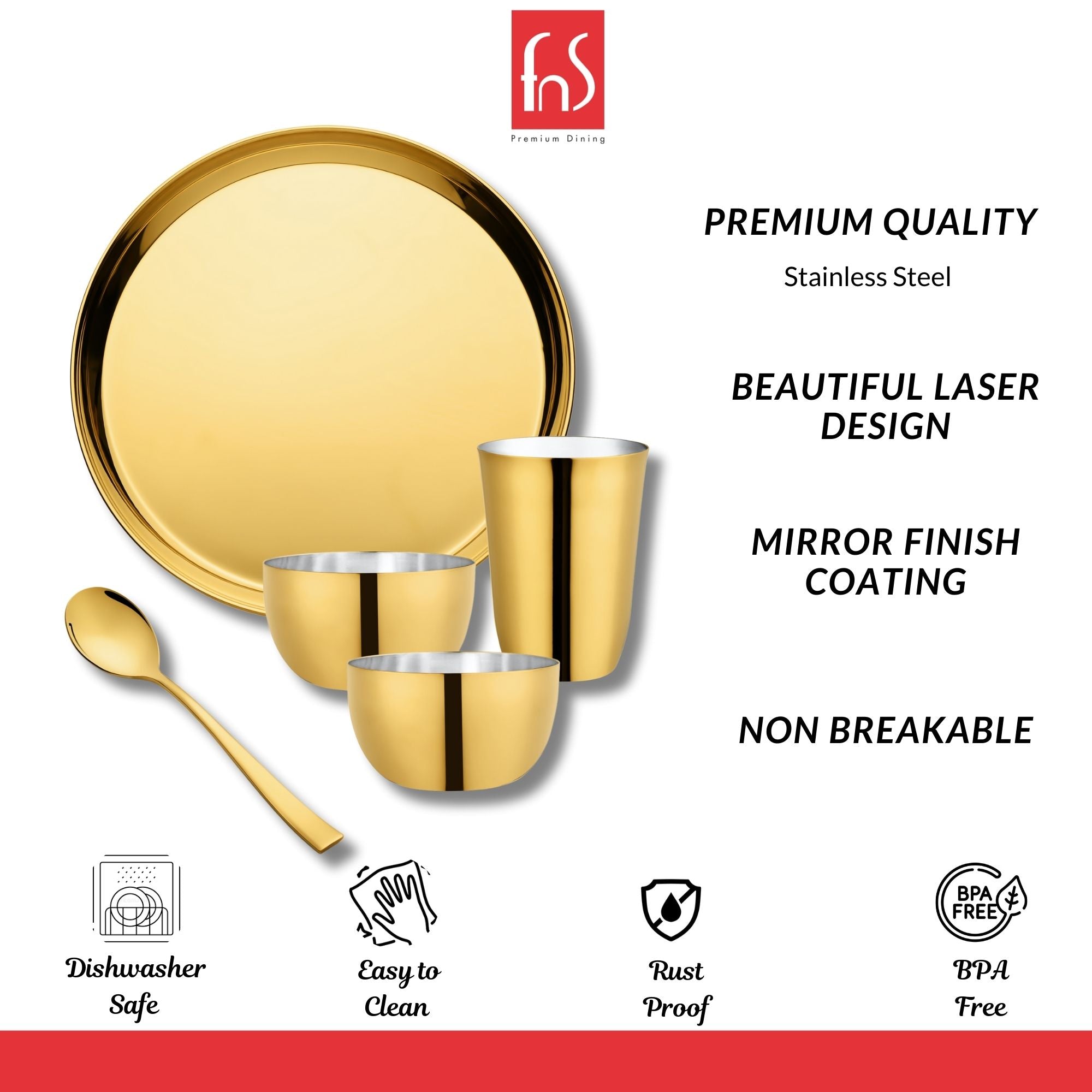 FnS Royal Stainless Steel Gold PVD 5 pcs Dinner Thali Set