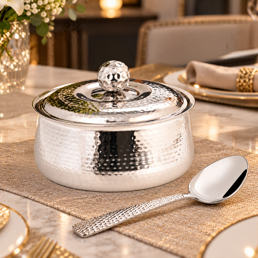 FnS Genoa 1600 ml Hammered Stainless Steel Casserole with Serving Spoon