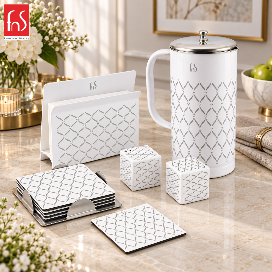FnS Lecce 4-Pc White Designer Dining Accessory & Pitcher Set