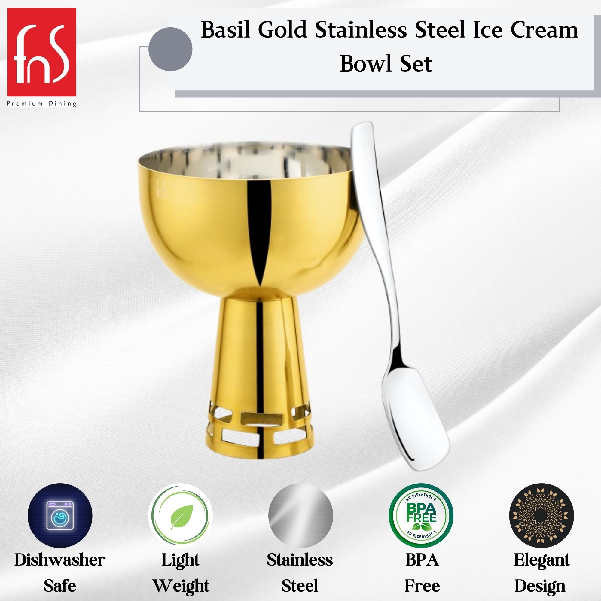 FnS Premium Stainless Steel Savory Ice Cream Bowl in gold finish with spoon, BPA-free and dishwasher-safe